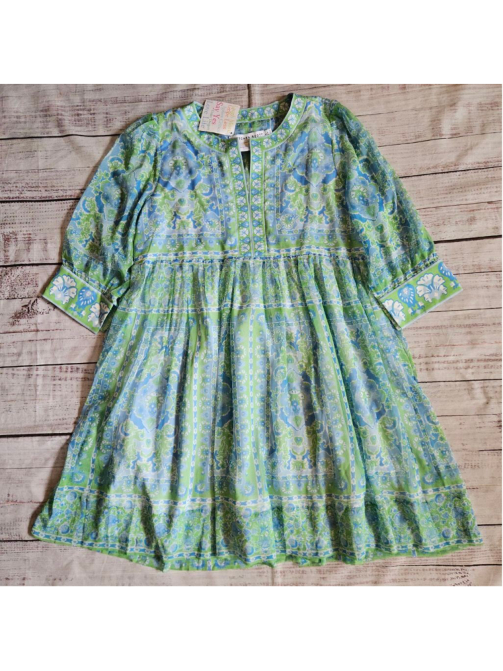 Gretchen Scott Watteau Crinkly Dress Blue Green Womens Large NWT Preppy
